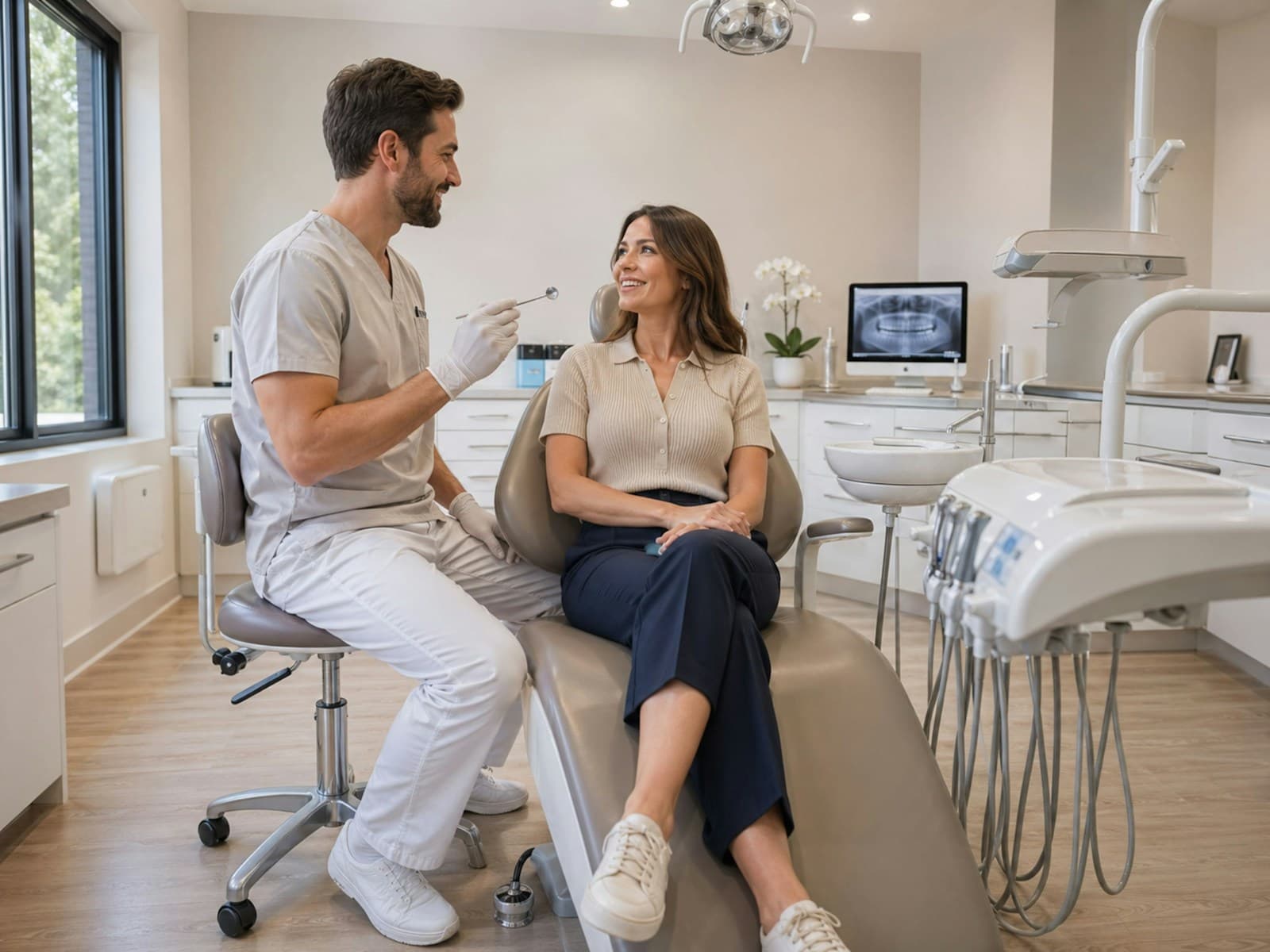 A dentist talking with a smiling patient seated in a modern dental chair