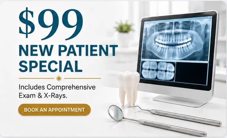 $99 new patient special including a comprehensive exam and x-rays, book an appointment